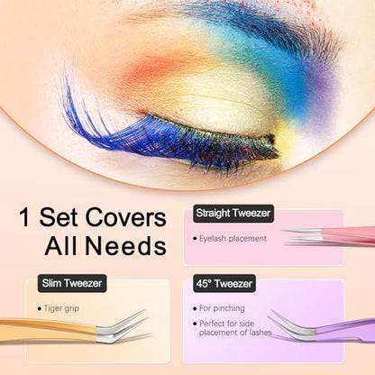 MORGLES High Precision Lash Tweezers Set, 5 in 1 Eyelash Extension Tweezers - color: Pink