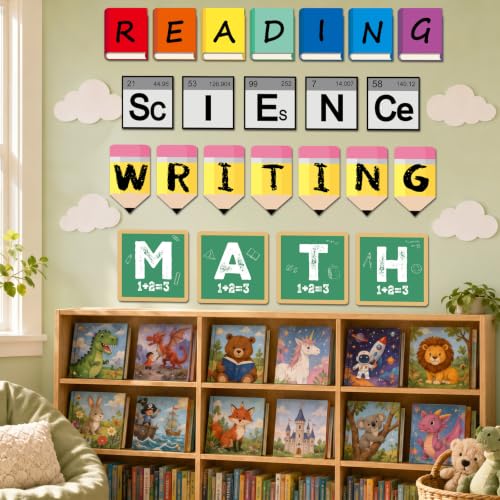23Pcs Core Subjects Classroom Decoration Bulletin Board Set Science Reading Math Writing Bulletin Board Paper Book Sign Classroom Decor for Back to School Elementary Blackboard Craft Wall Decor