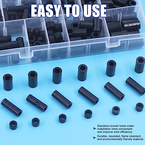 Glarks 270Pcs Nylon Round Spacer Assortment Kit for M3 M4 M5 M6 Screws, Electrical Outlet Screws Spacers, Black ABS Round Washers Hardware Spacer Bracket for Electrical Screws Switch and Receptacle - size: M3 M4 M5 M6 (Black)