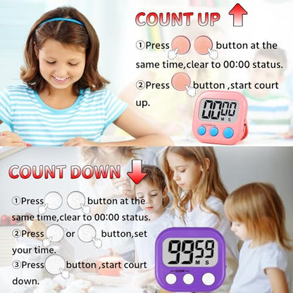 Timer for Kids Digital Kitchen Timers for Cooking- 2 Pack Pink Purple - color: Pink Purple