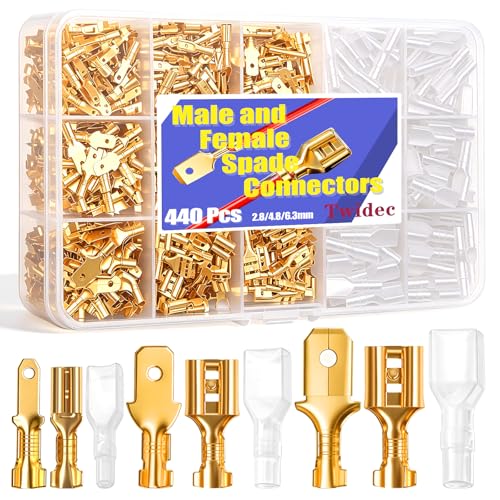 Twidec/440Pcs 2.8/4.8/6.3mm Quick Splice Male and Female Wire Spade Connector Crimp Terminal Block Assortment Kit Golden with Insulating Sleeve for Electrical Wiring Car Audio Speaker N-002 - color: Gold 440PCS