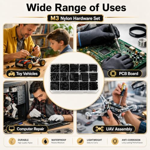 620PCS M3 Nylon Standoff Kit, Black Male Female Threaded Spacers with Screws Nuts Washers, PCB Motherboard Mounting Insulating Standoffs for Circuit Board Electronics DIY