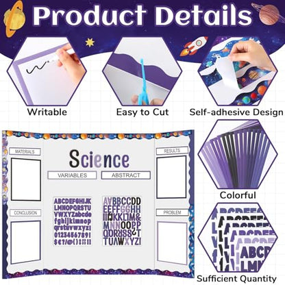 129Pcs Planet Space Science Fair Board Supplies Includes Self Adhesive Science Fair Project Titles Subtitles Presentation Bulletin Border Letter Stickers Scalloped Bulletin Border for Classroom Office - style: Space