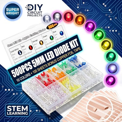 500pcs 10 Colors 5mm LED Light Diode, 100 Pcs Copper Foil Conductive Slice