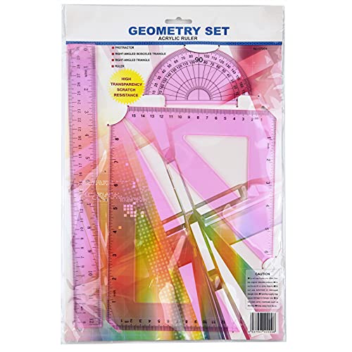 Coopay 4 Pcs Math Geometry Tool Set, Clear Acrylic Drawing Tool, Pink - color: Pinkish-Purple, size: 12 Inch