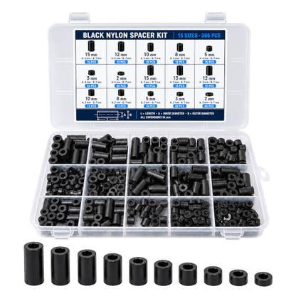 365-Piece Black Nylon Spacer Kit 3mm & 4mm ID 7mm OD - size: M3/M4