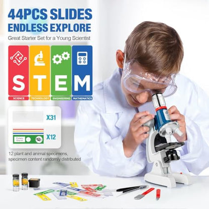 58-Piece Kids Microscope Kit - 100X-1200X Magnification, Metal Body, LED Light, Carrying Box - Science Experiment Toy for Kids Ages 5-12 - color: Blue