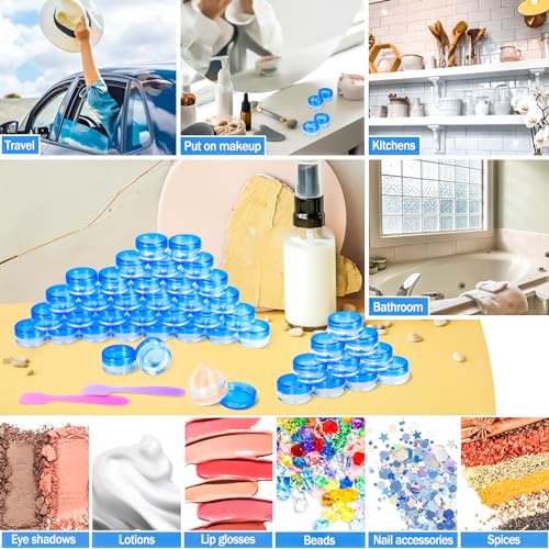 100 Pcs 5g Empty Plastic Containers with Blue Lids,Mini Makeup Sample Containers, Small Sample Pot Jars Round Cosmetic Jars with Mini Spatulas for Liquid Sample Powder Creams Lotions - color: Blue, size: 100PCS
