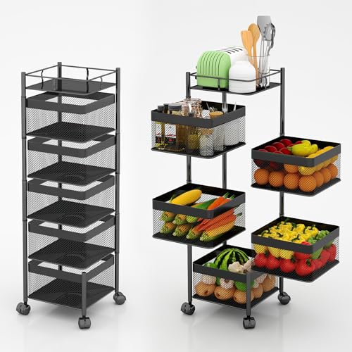 Fruit and Vegetable Basket for Kitchen No Assembly， Rotating Storage Rack,Bathroom Storage Shelf, Kitchen Organizers and Storage Cart on Rolling Wheels(Black, 5 Tier-Square) - color: Black