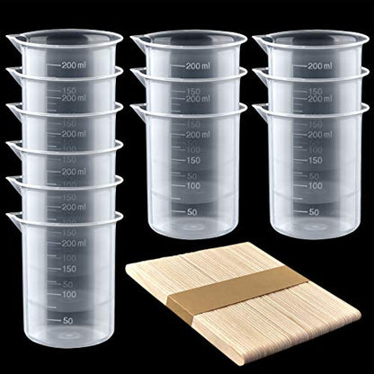 Coopay 12 Pack 200ml/6.8oz Plastic Beakers Epoxy Mixing Cups, Plastic Graduated Cups Clear Multipurpose Measuring Cups with 50 Pack Wooden Stirring Sticks for Resin, Epoxy, Stain, Mixing Paint - size: 200ml