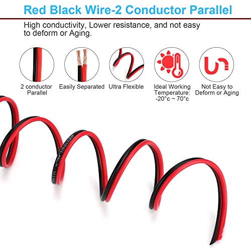 100FT 16/2 Gauge Red Black Cable Hookup Electrical Wire, 16AWG 2 Conductor 2 Color Flexible Parallel Zip Wire LED Strips Extension Cord 12V/24V DC Cable for LED Ribbon Lamp Tape Lighting - size: 16AWG 100FT