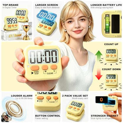 Antonki 2 Pack Digital Timer for Kids Classroom Kitchen Timers for Cooking - color: Yellow