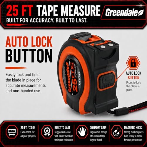Greendale – 6 Pack Tape Measures 25 ft – Easy-Read Fractions, Magnetic Tip, Quick-Lock & Auto-Retract – Heavy-Duty Measuring Tape with Belt Clip – Red/Orange - color: Red