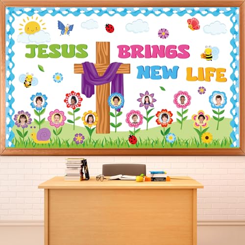 Christian Bulletin Board Set Back to School Jesus Brings New Life Religious Cross Classroom Decor Lent Butterfly Flower Paper Cutouts DIY Photo Bulletin Board Border for Church VBS Sunday School Decor - style: Spring Religious