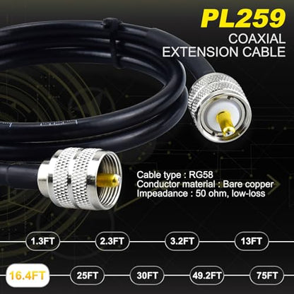 CB Coax Cable 16.4ft, RG58 Coaxial Cable PL259 UHF Male to UHF Male - color: 1-Pack PL259 Cable, size: 16.4ft