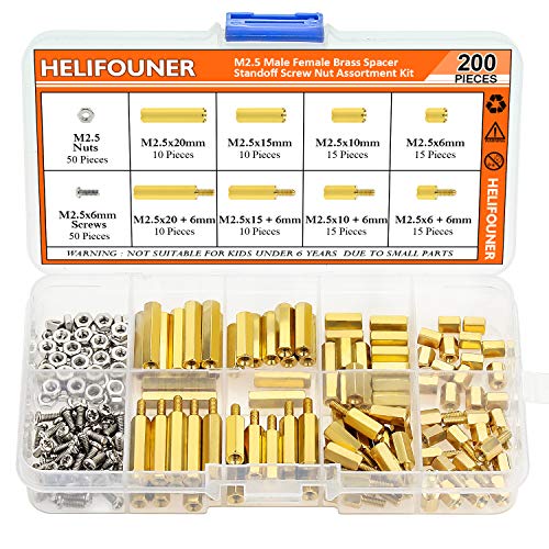 HELIFOUNER 200 Pieces M2.5 Male Female Hex Brass Spacer Standoff Screw Nut Assortment Kit - size: M2.5 Brass Standoff Kit