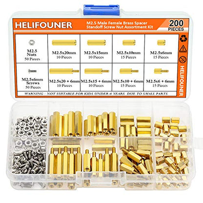 HELIFOUNER 200 Pieces M2.5 Male Female Hex Brass Spacer Standoff Screw Nut Assortment Kit - size: M2.5 Brass Standoff Kit