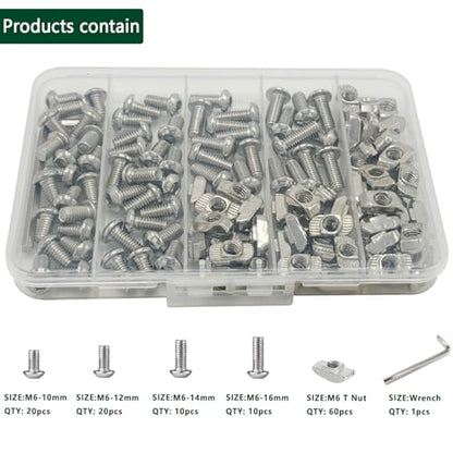 120 pcs M6 T Nut Screws Kit for 3030 3060 Aluminum Extrusion, 60 pcs Silver M6x10/12/14/16mm Hexagon Socket Screws and 60 pcs M5 Drop in T-Nuts with 1 pcs M6 Hex Wrench - style: 120pcs 30 Series Screws Kit Silver