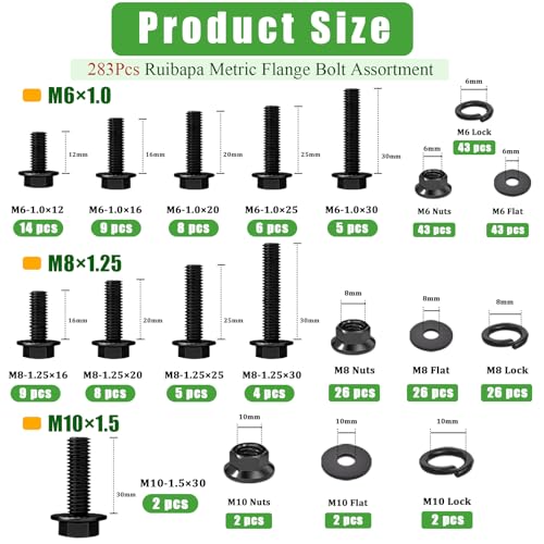 283Pcs Metric Flange Bolt Assortment,M6x1.0,M8x1.25, M10x1.5 (12mm to 30mm) Bolts and Nuts Assortment,10.9 Black Zinc Galvanized,Bolt Kit - color: Black-flange, size: 283Pcs Flange Bolt Assortment Kit
