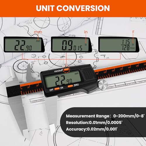 HARDELL Digital Caliper 0-8" Stainless Steel, Inch/Fractions/mm (Pack of 2) - size: 8 Inch (Pack of 2)