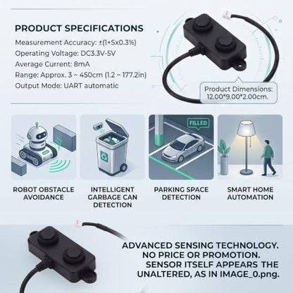 Ultrasonic Distance Sensor, IP67, Intelligent Algorithm, Long Range, Proximity Sensor, Reliable Industrial Grade, for Robot Obstacle Avoidance, Smart Parki