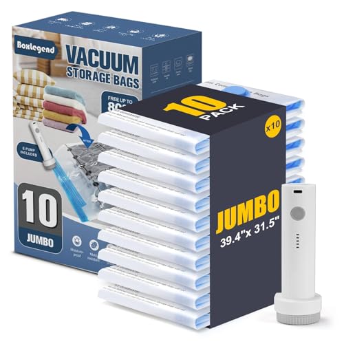 BoxLegend 10 Jumbo Vacuum Storage Bags with 1500mAh USB Electric Pump 31.5’’x39.37'' Thickened Vacuum Seal Bags for Large Down Jackets Comforters Bedding & Pillows Clothing Space-Saving Home Storage - size: 10 Jumbo - Electric Pump
