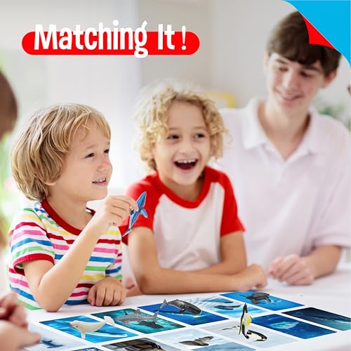 24PCS Animal Figurines with 24 Introducing Flashcards, Wild & Marine Animal Figures Safari and Underwater Creature Learning Montessori Toys Science Educational Matching Game for Homeschool, Kids - style: Wildlife+Marine Animal Set (including cards)