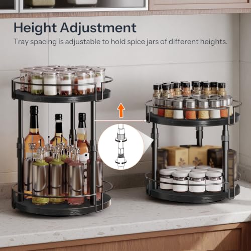 HOOBRO Lazy Susan Organizer Spice Rack, 2-Tier Height Adjustable Rotating Lazy Turntable Spice Organizer, for Kitchen Countertop and Cabinet, Black BB05TL01 - color: Black