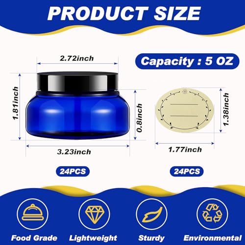 24 Pack Plastic Cosmetic Jars with Lids Label, 5 oz, Blue, Black - color: Blue, Black, size: 5 oz