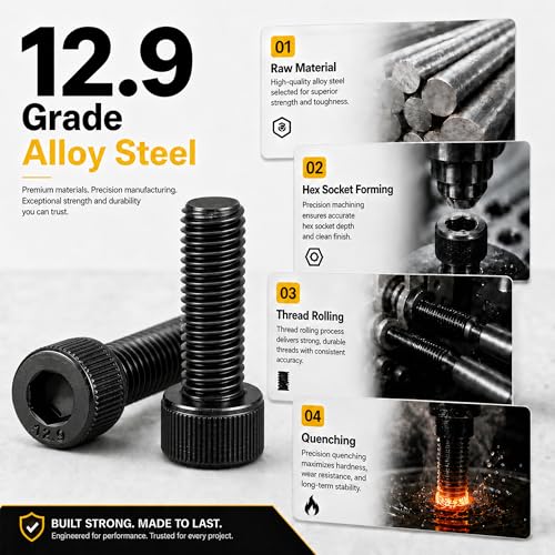192PCS M5 Screws, M5x25/30/35/40/45/50mm Hex Socket Head Cap Bolts Nuts & Washers Set, 12.9 Grade Alloy Steel, Black Oxide, M5 Screw for Furniture & Repairs - size: M5 192pcs