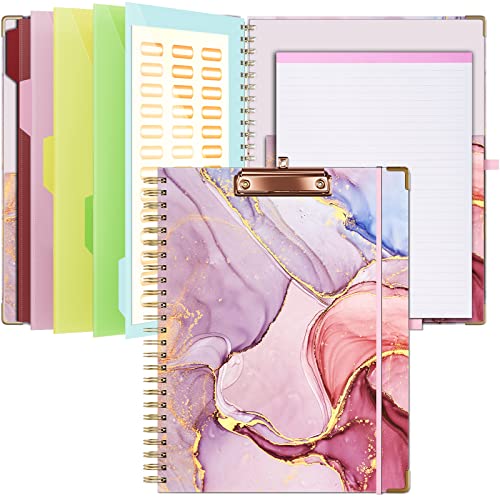 Ospelelf Clipboard with Storage 8.5 X 11，Padfolio Organizer, Spiral Portfolio Letter Size with Notepad, Pen Holder, 5 Extra Folder Divider Pages, Elastic Closure Nurse Office Essentials (Pink Marble) - color: Pink Marble