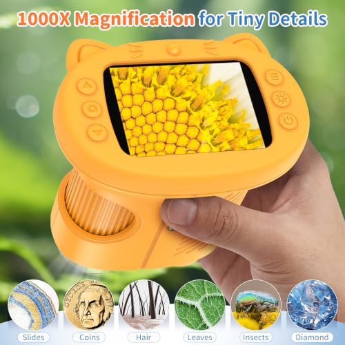 Kids Handheld Digital Microscope 1000X: Science Gift Kit STEM Toy Ages 5-13 - color: Yellow