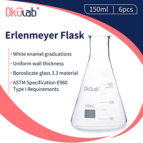 Conical Flask Set, 150mL Glass Erlenmeyer Flasks, Narrow Mouth, 3.3 Borosilicate Glass Conical Flask Set (case of 6) for Lab, Classroom, Craft, Kitchen, EFNG150A6 - style: Vol.150ml, pack of 6