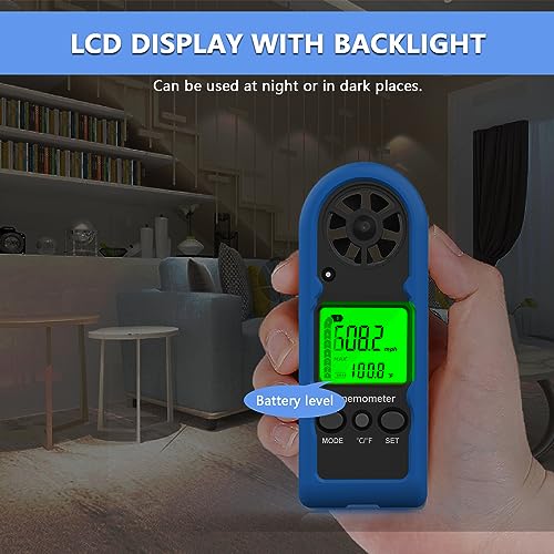 HoldPeak Handheld Anemometer Mini, 65MPH Small Wind Speed Meter Gauge Air Flow Velocity Temperature Measuring Device for Outdoor Sailing Surfing Drone Flying Golf Shooting HVAC 816BH - color: HP-816B-with Blue Sheath-1PC