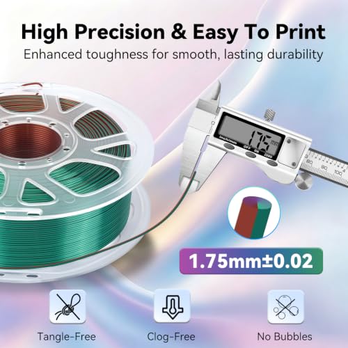 Kingroon Silk PLA Tri Color Filament 1.75mm, Multicolor 3D Printer Filament, Dimensional Accuracy ±0.02mm, 1kg Spool (2.2lbs), for Most FDM 3D Printers, Green Purple Copper - color: 1kg Green Purple Copper