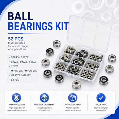 52 PCS Ball Bearings Assortment Kit, Small Deep Groove Bearing