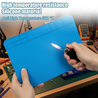 ESD Safe Soldering Mat, 2 Pcs 12”x8” Large Heat Resistant Repair Mat up to 932°F, Silicone Workstation with Grid for Phone, Laptop, Watch, BGA Electronics Repair (Blue)