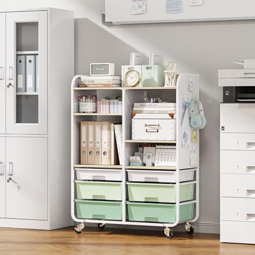 APEXCHASER 6 Drawers Rolling Storage Cabinet with Wood Top& Pegboards Green - color: Green