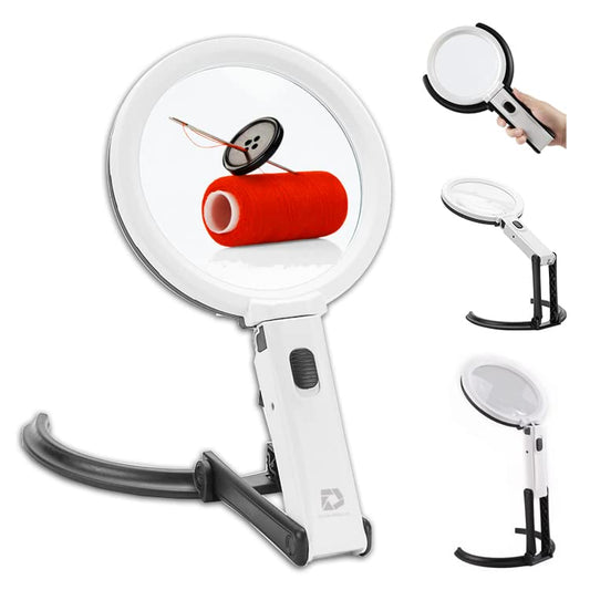 Deluxe Products Foldable Magnifying Glass with Light and Stand - 2 in 1 Handheld or Handsfree Lightweight Magnifier Light. 2X 5X Bifocal Lens for Crafts, Stitch Repair Reading, Sewing, White (DP-1152) - style: Built in Stand