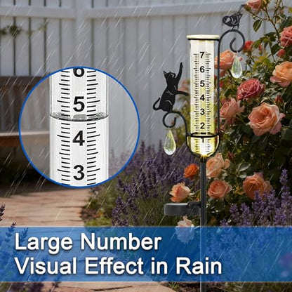 33in Solar Cat Bird Rain Gauge Metal Garden Stake Black Sculpture Decor - color: Cat