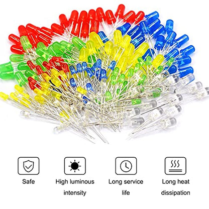 600Pcs 3mm 5mm LED Light Emitting Diodes Assortment Kit Round Diffused Led Circuit Component Assorted Set for Arduino, PCB Electronic Circuit DIY, Raspberry Pi (White/Red/Yellow/Blue/Green)