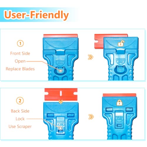 2 Pack Plastic Razor Blade Scraper with 100 Replacement Plastic Blades, Tool-Free One-Press Blade Replacement, Non Scratch Adhesive Remover for Stickers, Labels, Decals, Glass, Windows & Cars