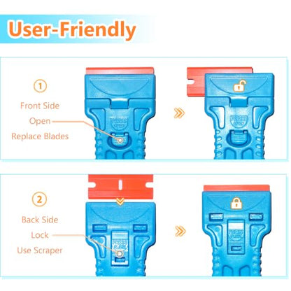 2 Pack Plastic Razor Blade Scraper with 100 Replacement Plastic Blades, Tool-Free One-Press Blade Replacement, Non Scratch Adhesive Remover for Stickers, Labels, Decals, Glass, Windows & Cars