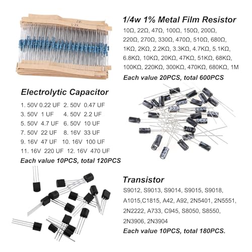 1500PCS Electronic Components Kit with Resistors, Transistors, Capacitors, LEDs, Diodes for Circuit Design, Prototyping, and Repair