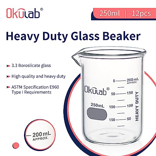 Heavy Duty Glass Beaker Set, Thick-Walled 3.3 Borosilicate Glass Beakers, with Double Scale Printed Graduation, 12pcs of Vol.250ml, HBKG250C12 - style: 12pcs of 250ml