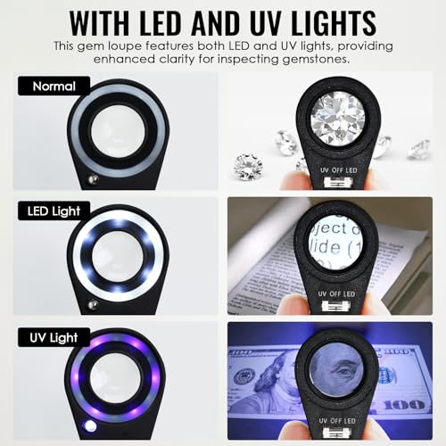 10x Foldable Pocket Magnifier Loupe with UV and LED Light for Jewelry, Rocks, Coins, and Antiques - Illuminated Magnifying Tool for Eye, Stamps, Watches, Hobbies, and Gems - color: 10x Magnification