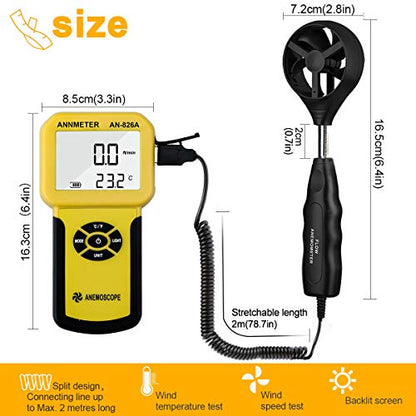 HVAC Air Flow Anemometer 65 MPH, AIOMEST Handheld Wind Speed Meter 826A - color: Yellow