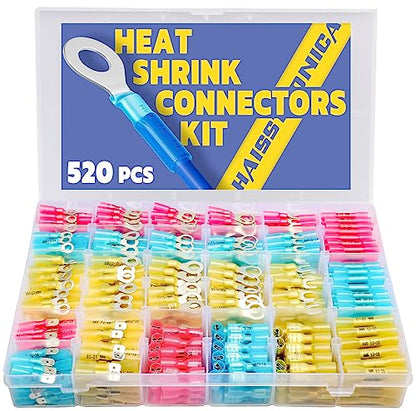 haisstronica 520PCS Heat Shrink Wire Connectors, 22-10 AWG, 3Colors/24Sizes