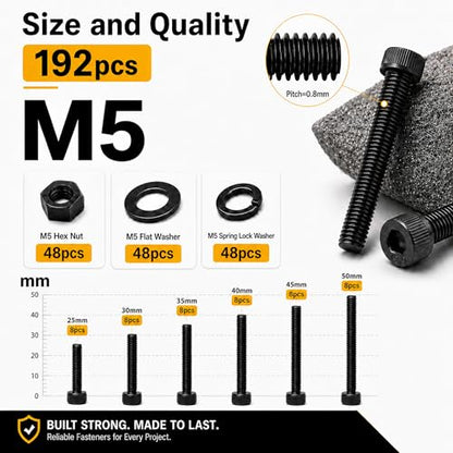 192PCS M5 Screws, M5x25/30/35/40/45/50mm Hex Socket Head Cap Bolts Nuts & Washers Set, 12.9 Grade Alloy Steel, Black Oxide, M5 Screw for Furniture & Repairs - size: M5 192pcs