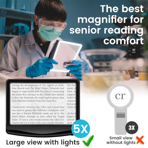 Rechargeable 5X Magnifying Glass for Reading, Large Bright Full Page Magnifier with Light, Handheld LED Dimmable Lighted, Lightweight Book Magnifier for Reading Small Prints Seniors Low Vision - color: Black